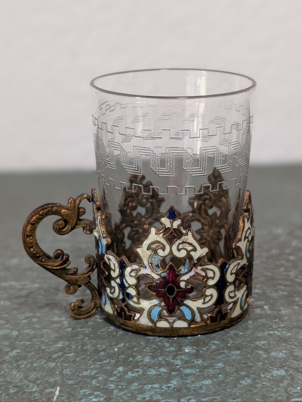 Vintage Bohemian Cloisonné Style Enamel & Gilt Miniature Aperitif Mug Shot Glass